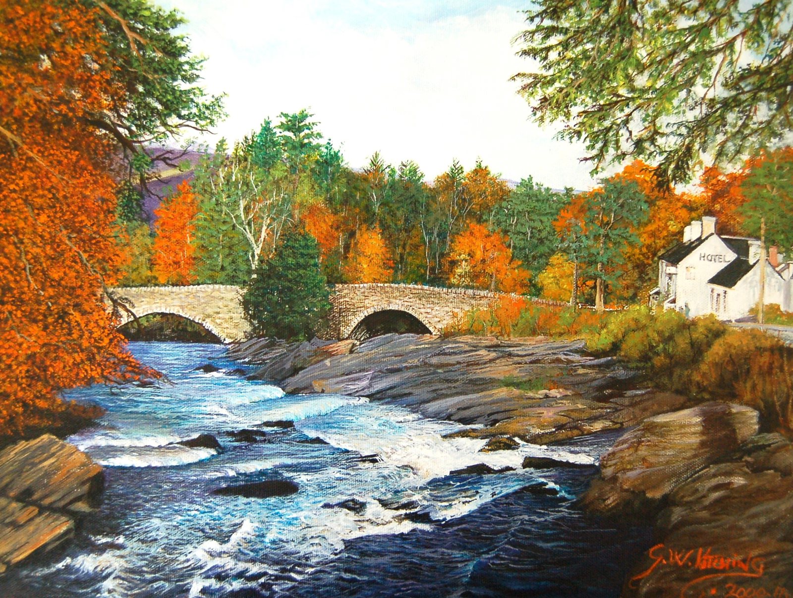 Dochart River: Blue and white rapids rush over dark rocks towards an old stone bridge, framed by blazing autumn trees.
