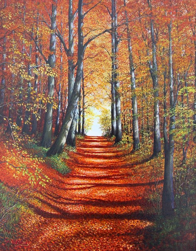 Forest Walk in Autumn, oil on canvas painting by George Kitching