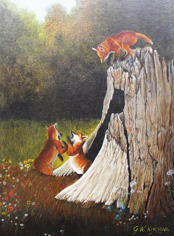 Foxes at Play, acrylic on board painting by George Kitching
