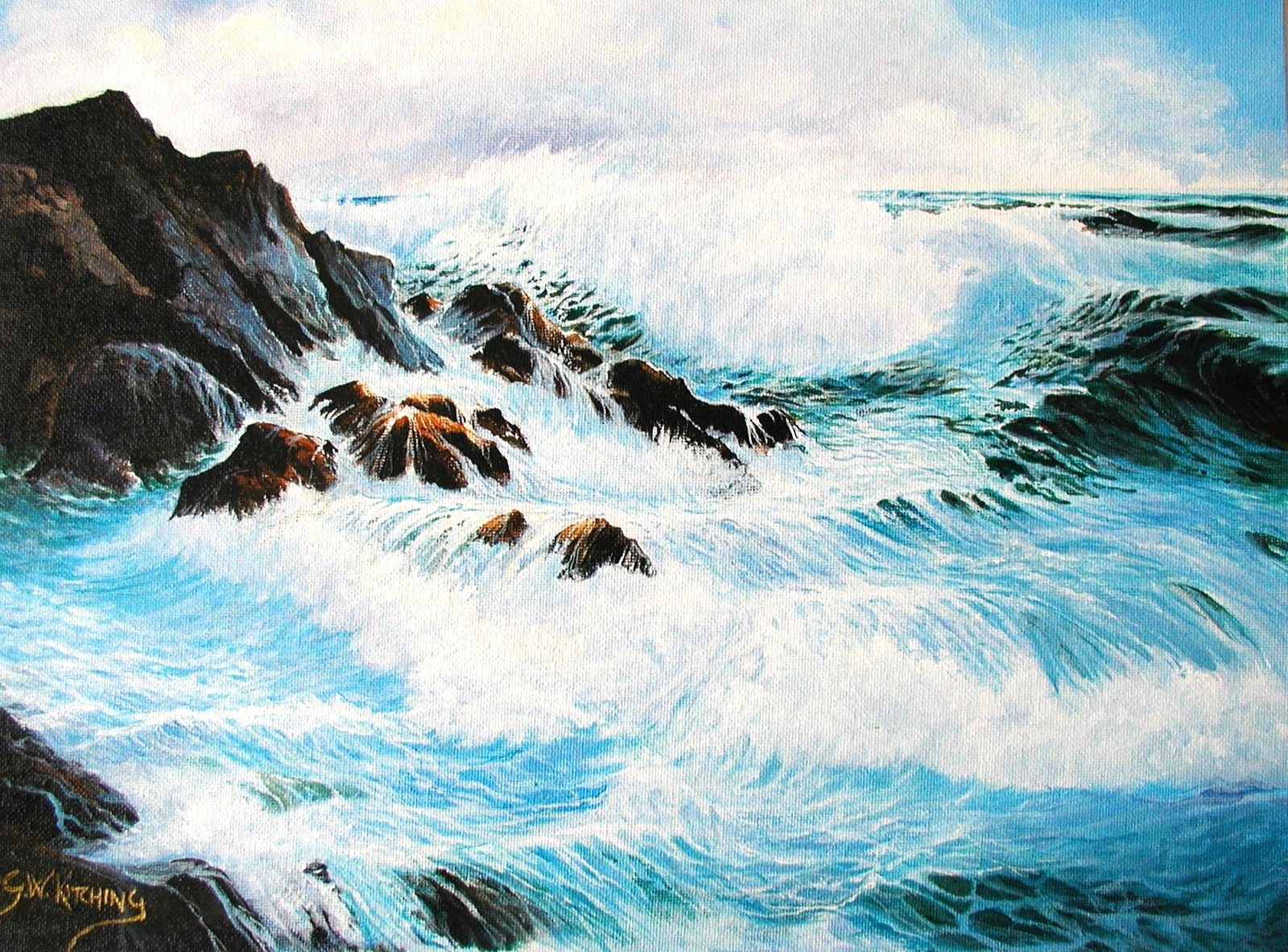 Morning Surf: White surf pours over dark, rugged rocks as waves roll in under a soft, bright sky.