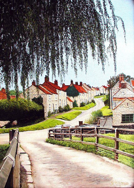Nunnington Village: A quiet lane with a wooden fence leads past a row of stone cottages with red tiled roofs, beneath a willow tree.