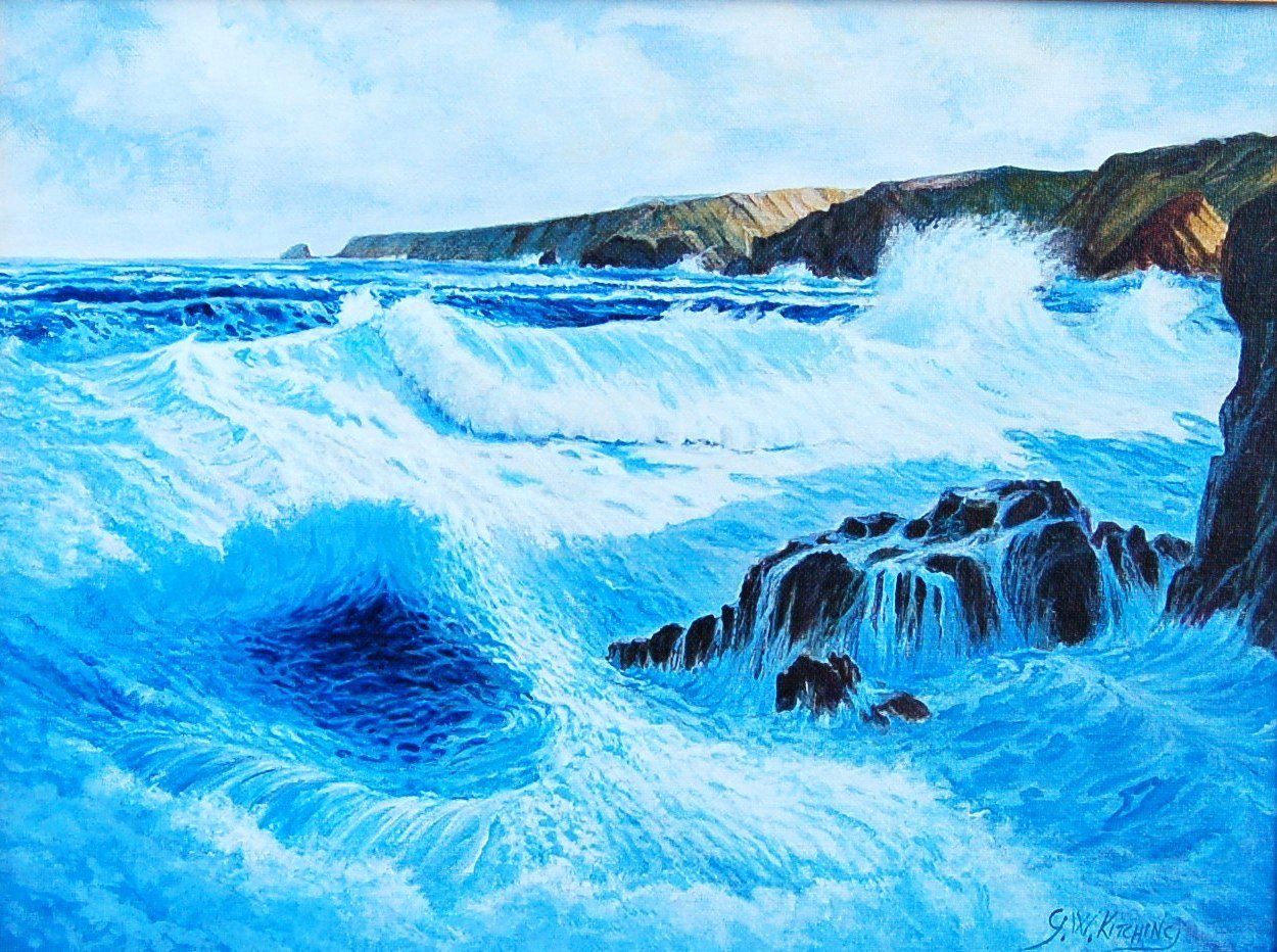 Power of the Sea: Turquoise waves crash around dark rocks, with a line of cliffs behind under a bright, cloudy sky.