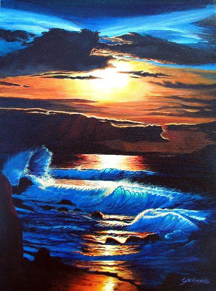 Solitude: A setting sun breaks through dark clouds over a deep blue sea, lighting the crests of waves beside dark rocks.