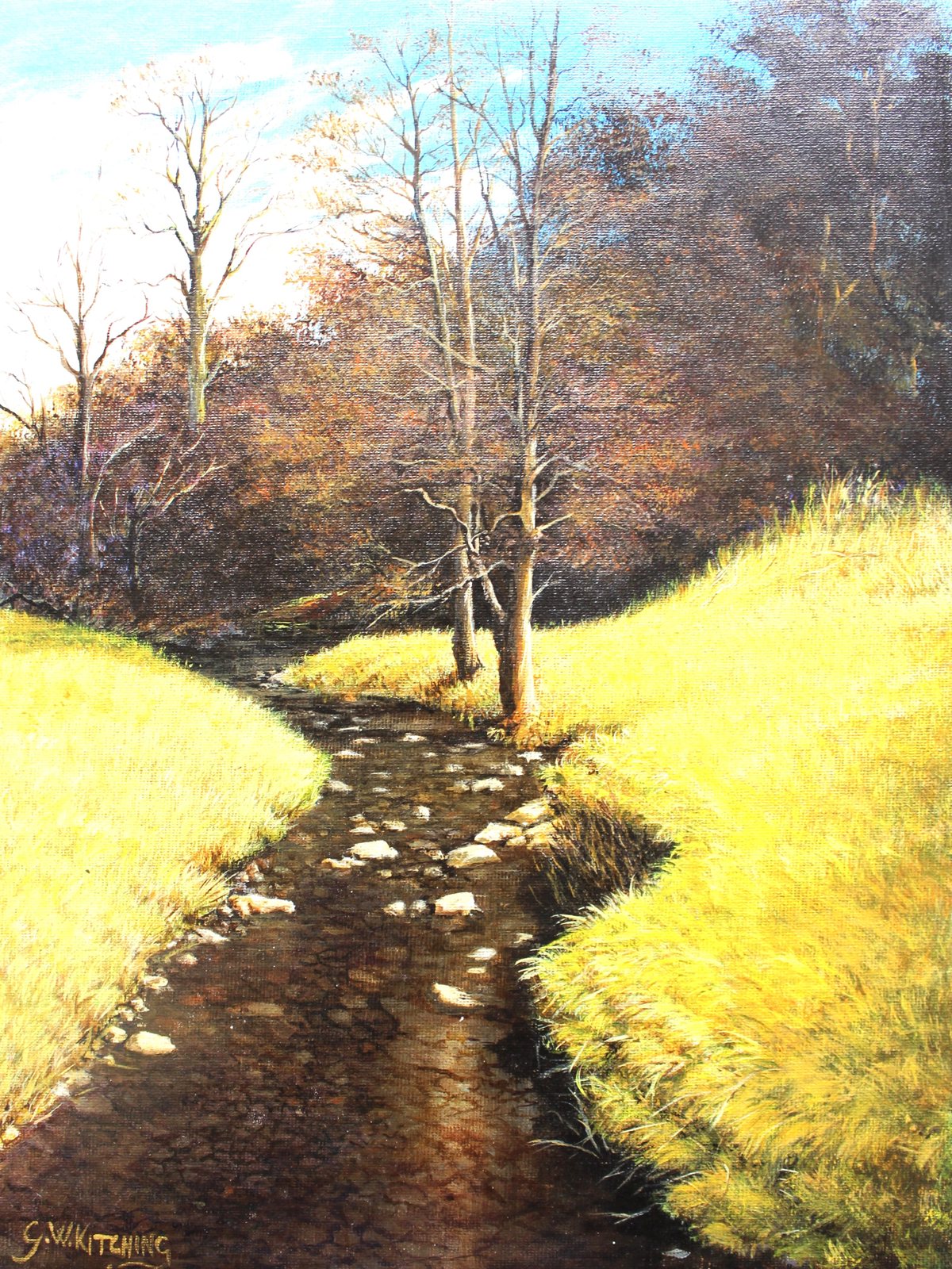 Stream at Hutton le Hole: A shallow, pebbly stream winds between bright golden grassy banks towards a group of bare trees.