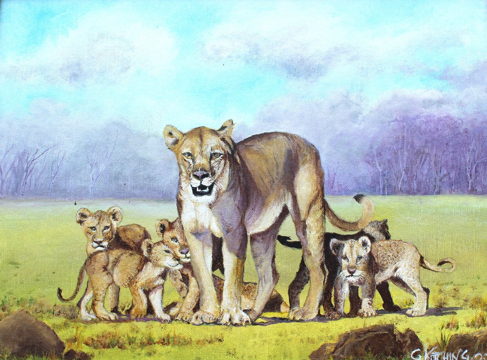 The Nursery: A lioness stands on green grass surrounded by her cubs, with misty purple trees and a soft blue sky behind.